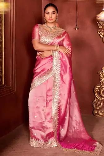 Elegance pink diamond sequin jaal embroidered border mono nylon fabric saree with unstitched blouse