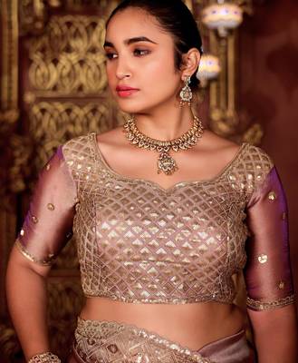 New collection wine diamond sequin jaal embroidered border mono nylon fabric saree with unstitched blouse 2