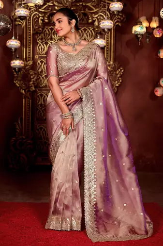 New collection wine diamond sequin jaal embroidered border mono nylon fabric saree with unstitched blouse