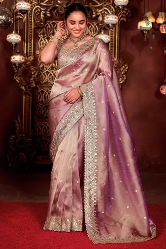 New collection wine diamond sequin jaal embroidered border mono nylon fabric saree with unstitched blouse