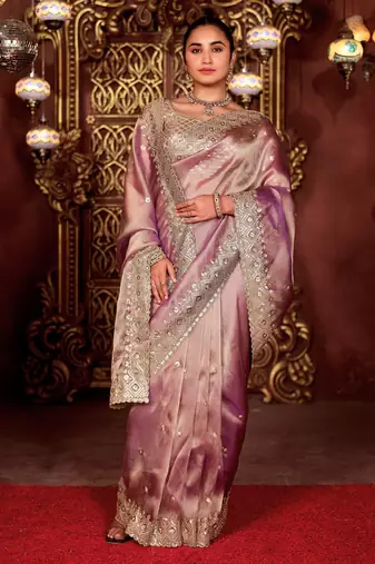 New collection wine diamond sequin jaal embroidered border mono nylon fabric saree with unstitched blouse