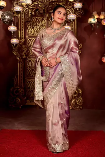 New collection wine diamond sequin jaal embroidered border mono nylon fabric saree with unstitched blouse