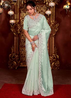 Latest aqua sea green diamond sequin jaal embroidered border mono nylon fabric saree with unstitched blouse 1