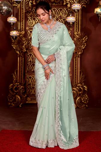 Latest aqua sea green diamond sequin jaal embroidered border mono nylon fabric saree with unstitched blouse