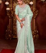 Latest aqua sea green diamond sequin jaal embroidered border mono nylon fabric saree with unstitched blouse