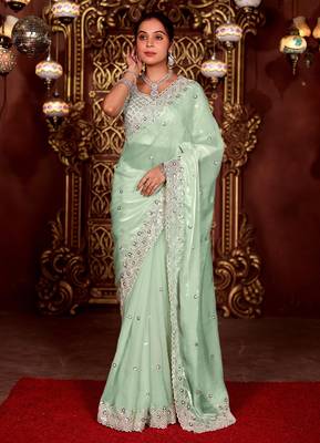 Latest aqua sea green diamond sequin jaal embroidered border mono nylon fabric saree with unstitched blouse 2
