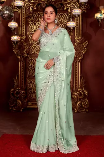 Latest aqua sea green diamond sequin jaal embroidered border mono nylon fabric saree with unstitched blouse