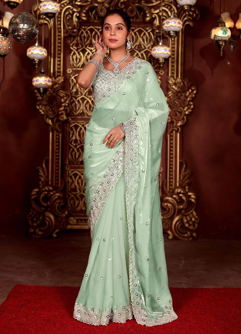Latest aqua sea green diamond sequin jaal embroidered border mono nylon fabric saree with unstitched blouse