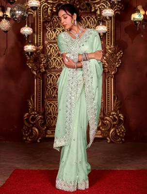Latest aqua sea green diamond sequin jaal embroidered border mono nylon fabric saree with unstitched blouse 3