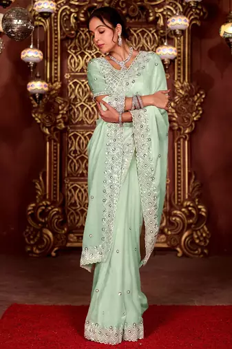 Latest aqua sea green diamond sequin jaal embroidered border mono nylon fabric saree with unstitched blouse