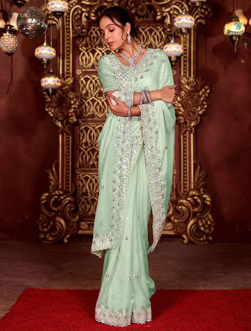 Latest aqua sea green diamond sequin jaal embroidered border mono nylon fabric saree with unstitched blouse