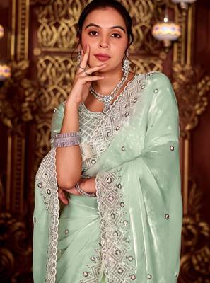 Latest aqua sea green diamond sequin jaal embroidered border mono nylon fabric saree with unstitched blouse 4