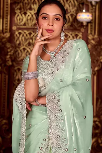 Latest aqua sea green diamond sequin jaal embroidered border mono nylon fabric saree with unstitched blouse