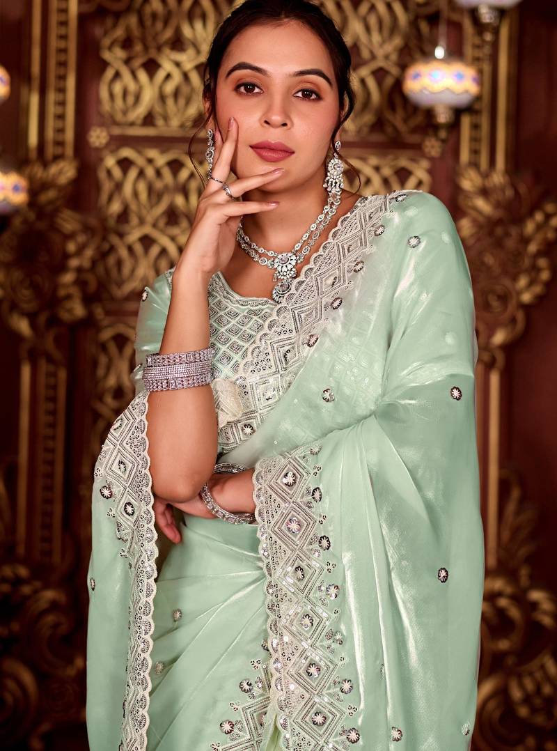 Latest aqua sea green diamond sequin jaal embroidered border mono nylon fabric saree with unstitched blouse