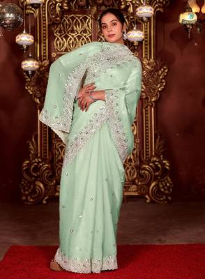 Latest aqua sea green diamond sequin jaal embroidered border mono nylon fabric saree with unstitched blouse 5