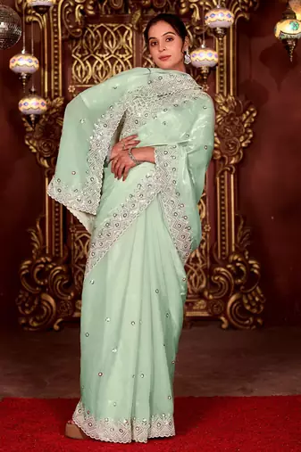 Latest aqua sea green diamond sequin jaal embroidered border mono nylon fabric saree with unstitched blouse