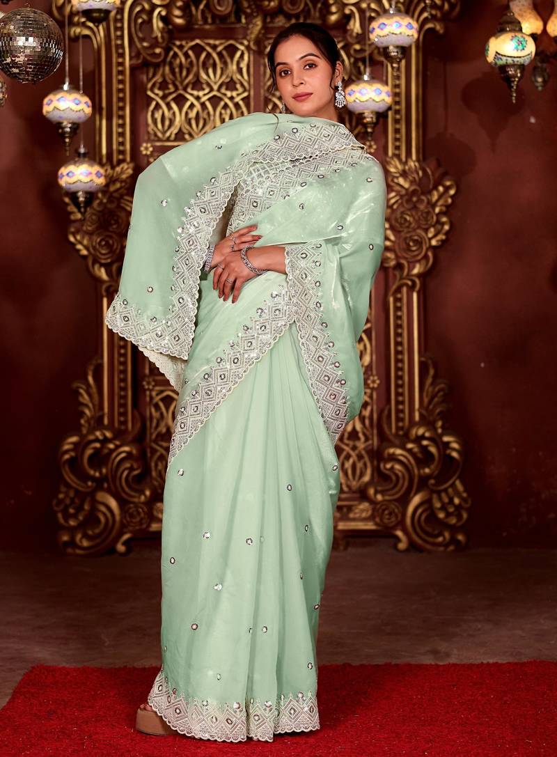 Latest aqua sea green diamond sequin jaal embroidered border mono nylon fabric saree with unstitched blouse