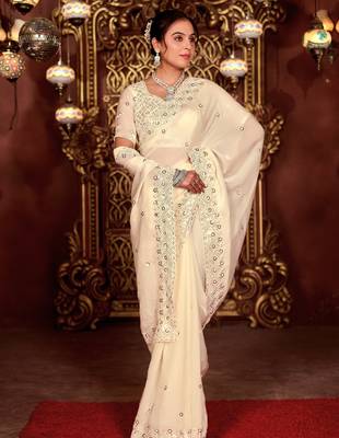 Celebrity inspired cream diamond sequin jaal embroidered border mono nylon fabric saree with unstitched blouse 2