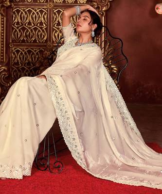 Celebrity inspired cream diamond sequin jaal embroidered border mono nylon fabric saree with unstitched blouse 4