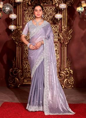 Bollywood gray diamond sequin jaal embroidered border mono nylon fabric saree with unstitched blouse 1