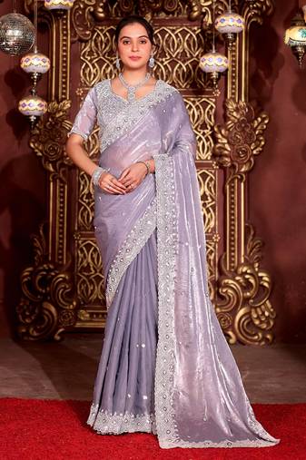 Bollywood gray diamond sequin jaal embroidered border mono nylon fabric saree with unstitched blouse