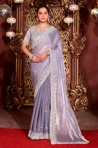 Bollywood gray diamond sequin jaal embroidered border mono nylon fabric saree with unstitched blouse