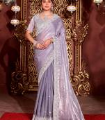 Bollywood gray diamond sequin jaal embroidered border mono nylon fabric saree with unstitched blouse