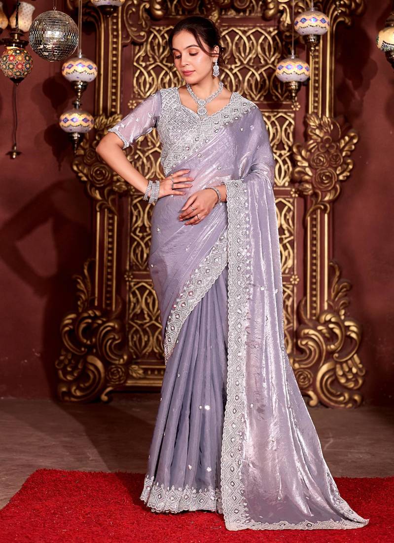 Bollywood gray diamond sequin jaal embroidered border mono nylon fabric saree with unstitched blouse