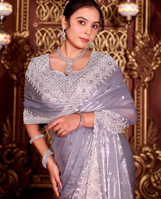 Bollywood gray diamond sequin jaal embroidered border mono nylon fabric saree with unstitched blouse 3