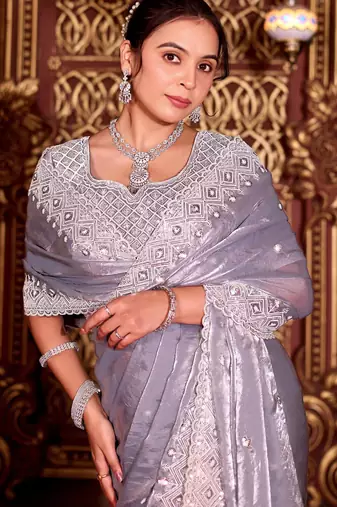 Bollywood gray diamond sequin jaal embroidered border mono nylon fabric saree with unstitched blouse
