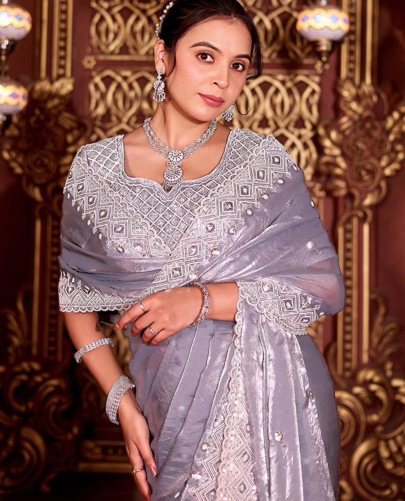 Bollywood gray diamond sequin jaal embroidered border mono nylon fabric saree with unstitched blouse
