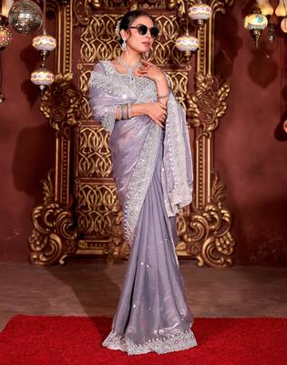 Bollywood gray diamond sequin jaal embroidered border mono nylon fabric saree with unstitched blouse 4