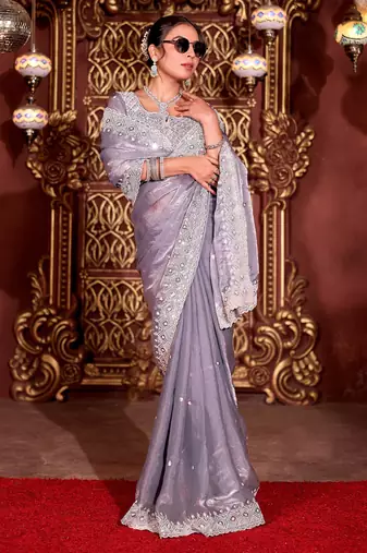 Bollywood gray diamond sequin jaal embroidered border mono nylon fabric saree with unstitched blouse