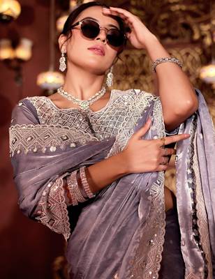 Bollywood gray diamond sequin jaal embroidered border mono nylon fabric saree with unstitched blouse 5