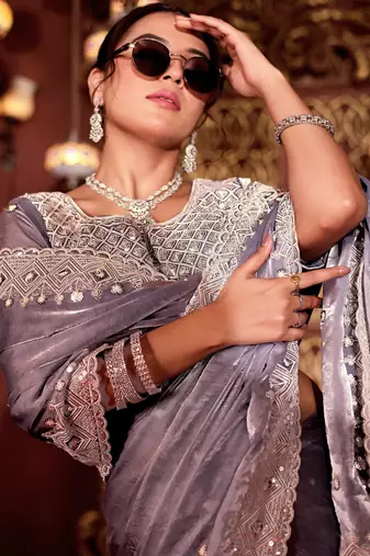 Bollywood gray diamond sequin jaal embroidered border mono nylon fabric saree with unstitched blouse