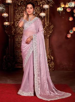 Kanjivaram lavender diamond sequin jaal embroidered border mono nylon fabric saree with unstitched blouse 1