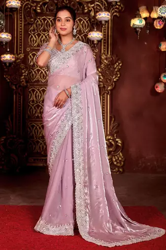 Kanjivaram lavender diamond sequin jaal embroidered border mono nylon fabric saree with unstitched blouse