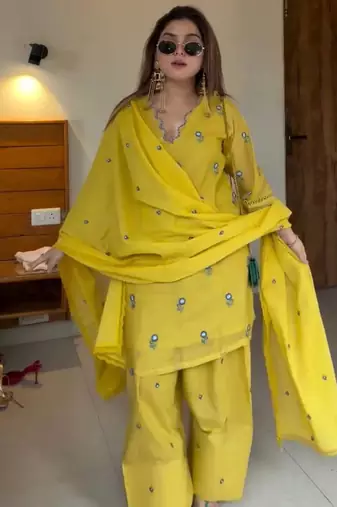 Yellow Color Embroidery Work  Silk Blend Salwar Suit