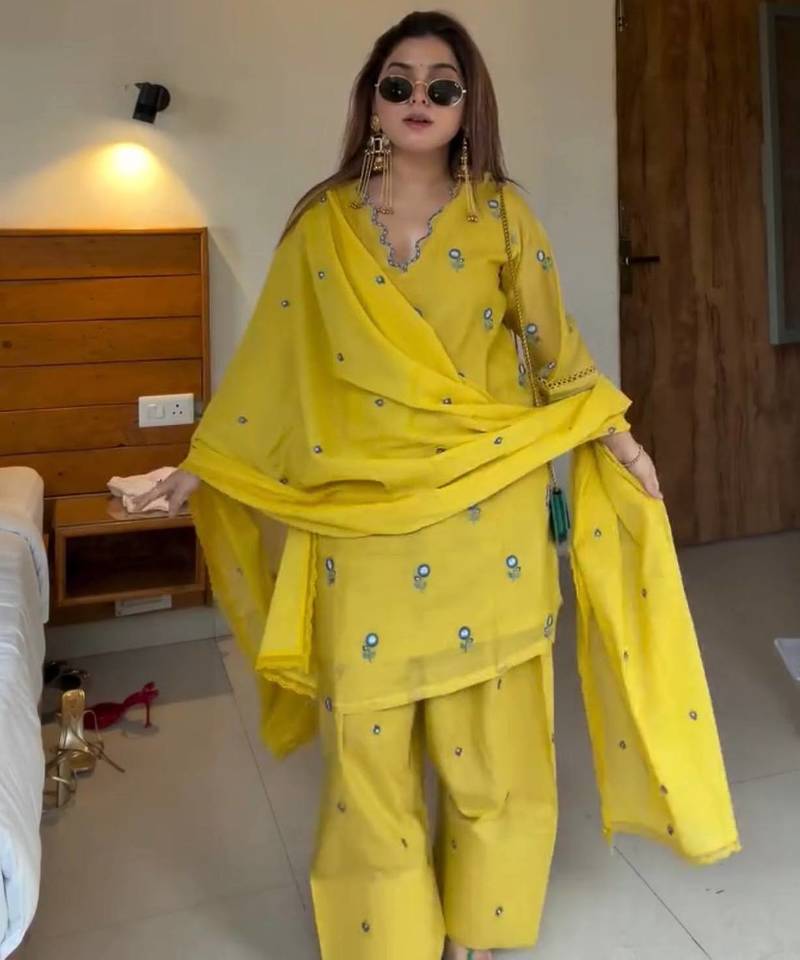 Yellow Color Embroidery Work  Silk Blend Salwar Suit