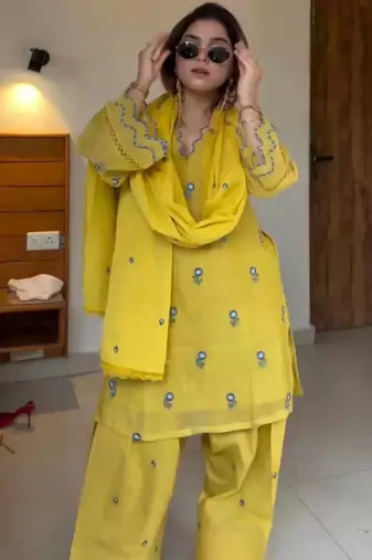 Yellow Color Embroidery Work  Silk Blend Salwar Suit