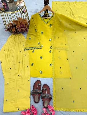 Yellow Color Embroidery Work  Silk Blend Salwar Suit 3
