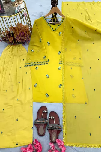 Yellow Color Embroidery Work  Silk Blend Salwar Suit