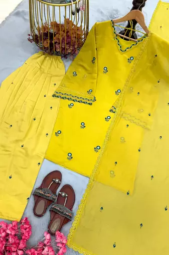 Yellow Color Embroidery Work  Silk Blend Salwar Suit