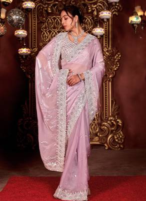 Kanjivaram lavender diamond sequin jaal embroidered border mono nylon fabric saree with unstitched blouse 2