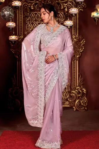 Kanjivaram lavender diamond sequin jaal embroidered border mono nylon fabric saree with unstitched blouse