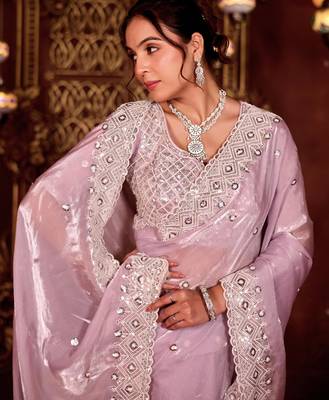 Kanjivaram lavender diamond sequin jaal embroidered border mono nylon fabric saree with unstitched blouse 3