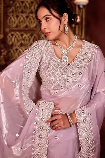 Kanjivaram lavender diamond sequin jaal embroidered border mono nylon fabric saree with unstitched blouse
