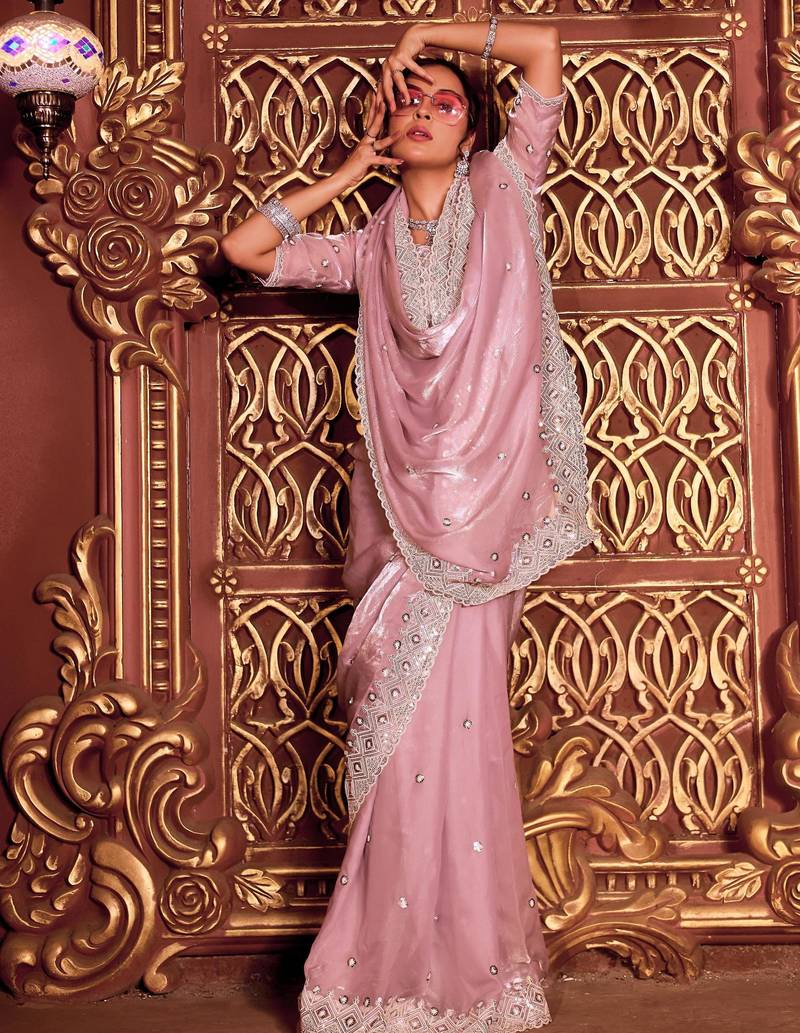 Kanjivaram lavender diamond sequin jaal embroidered border mono nylon fabric saree with unstitched blouse