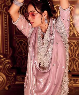 Kanjivaram lavender diamond sequin jaal embroidered border mono nylon fabric saree with unstitched blouse 5