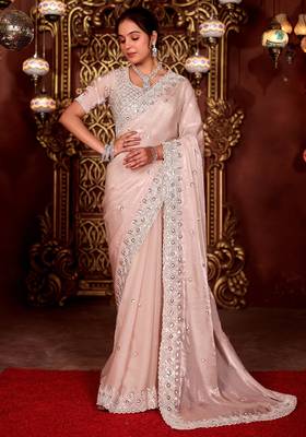 Designer peach diamond sequin jaal embroidered border mono nylon fabric saree with unstitched blouse 1